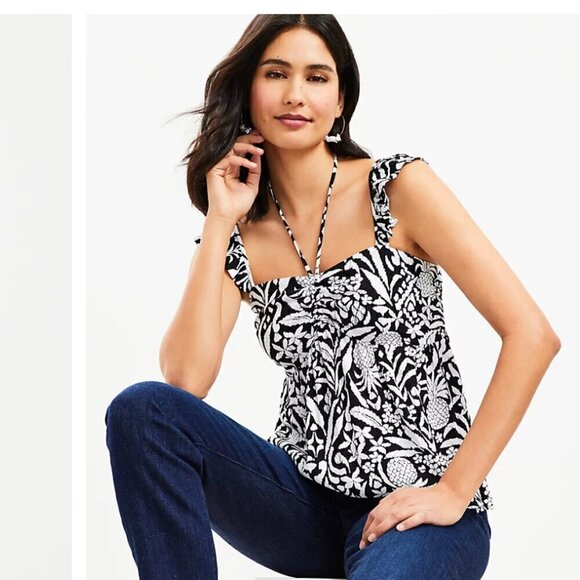 New LOFT Black & White Pineapple Ruffle Tie Neck Halter Top Sleeveless Blouse M - Picture 8 of 9